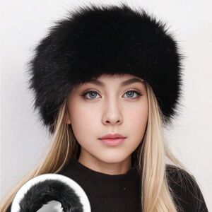 2pc faux fur winter headband set - black and brown